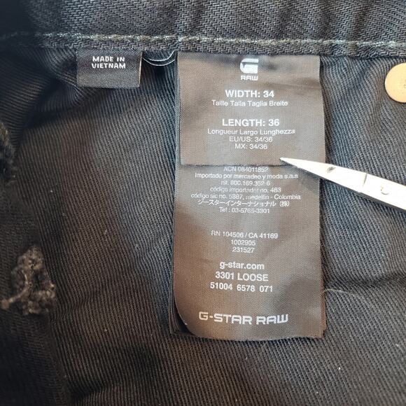 G-STAR RAW 3301 Loose Jeans Slim Straight Leg Black Dark Wash Men's **Size 34W** - Picture 3 of 16